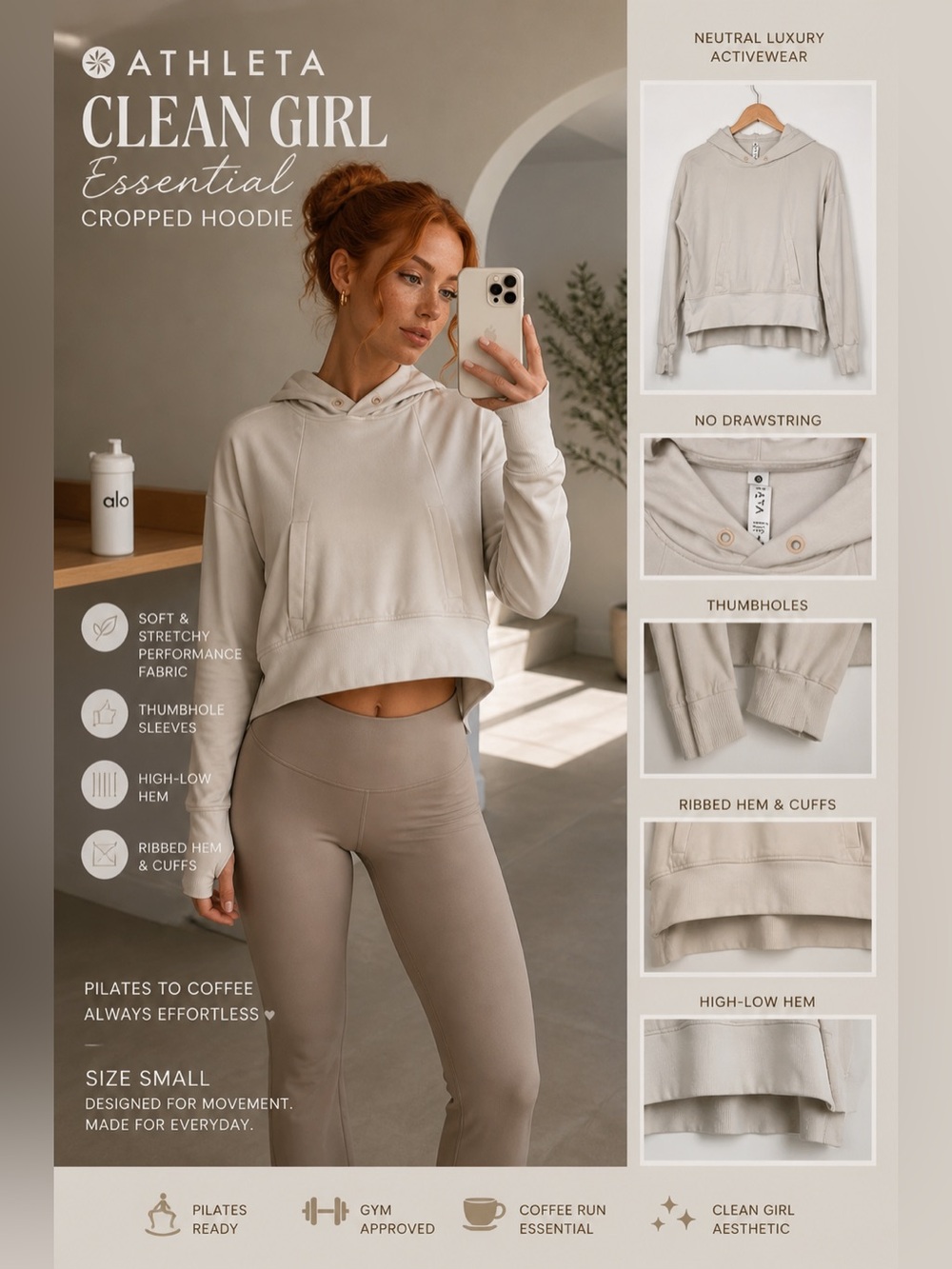 Athleta Beige Cropped Hoodie Pullover Thumbhole Active Top Size Small